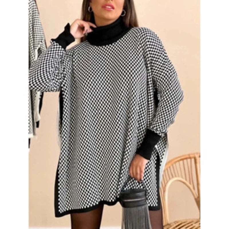 Blusa Poncho Tricot Gola Alta Xadrez Geométrico Moda Inverno - Miss Bella Store - Miss Bella Store